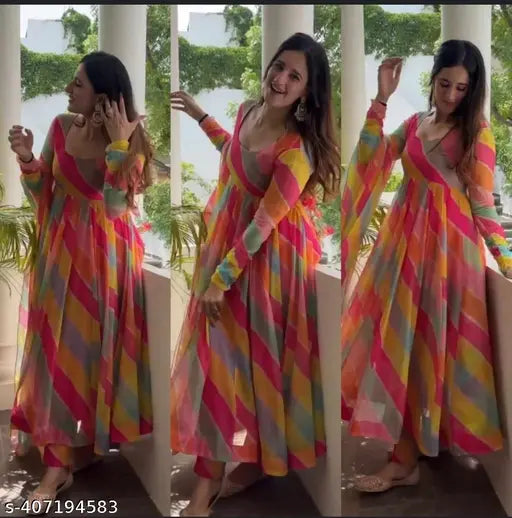Striped Georgette party gown for women, available in sizes S-XXL, made in India