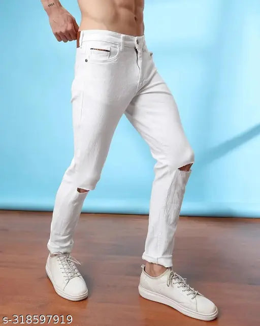 Rustic Blooms Men's Fit Stylish Slash Knee White Denim Jeans - Sleek and versatile mid-rise ripped jeans pant for casual or partywear, available in sizes 26, 28, 30, 32 (39" length). Made in India
