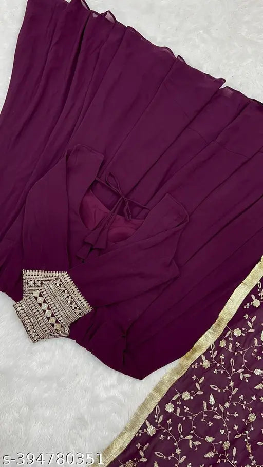 Dark purple saree with embroidery, no blouse or bottom wear included in image