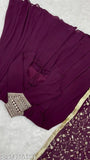 Dark purple saree with embroidery, no blouse or bottom wear included in image