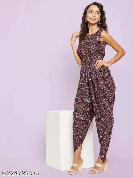 Printed pink crepe jumpsuit for women, sleeveless and long silhouette, effortless elegance for parties