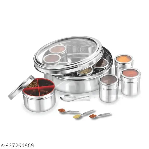 Silver 12-part stainless steel spice box with individual containers and scoops.