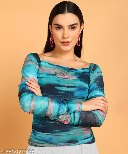 Multi color printed ruch top, Lycra, long sleeves, vibrant fusion of hues on Indian-made women's clothing