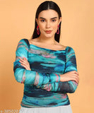 Multi color printed ruch top, Lycra, long sleeves, vibrant fusion of hues on Indian-made women's clothing