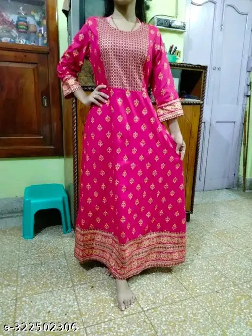 Pink rayon Anarkali kurti with three-quarter sleeves and printed net pattern, women's fashion for XS to XXXL sizes from Jaipur, India