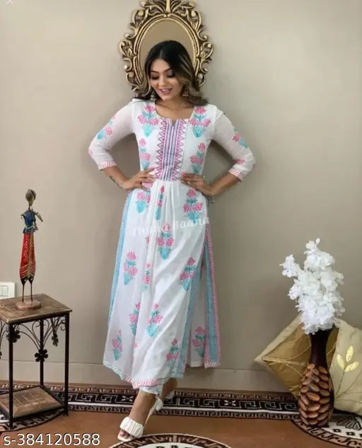Blue floral printed churidar kurta pajama set