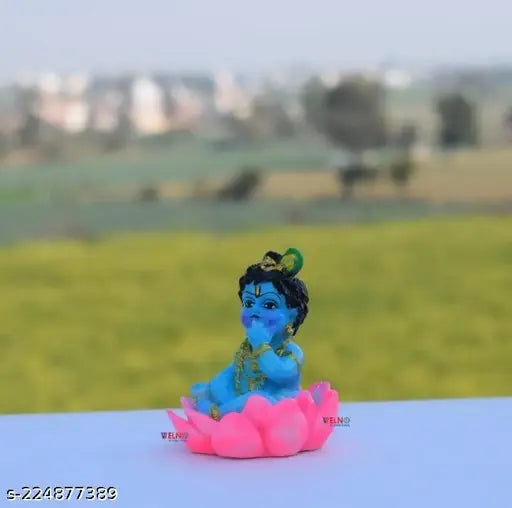 Unbreakable Lotus Krishna Makhan Chor religious idol for car dashboard decor, Indian handcrafted Krishna Murti figurine