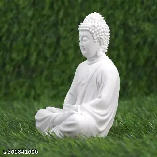 Handcrafted white polymarble meditating Buddha statue, 10"x14"x10", ornate home decor or gift