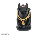 Poly resin Triple Tilak Nandi Shiv Ji cow bull for temple worship, black and intricately detailed, Indian origin