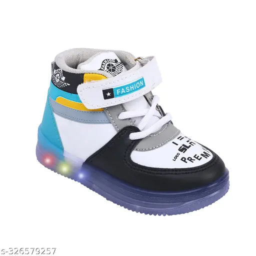 Black and white sports shoes with light-up function, straps, and small lights