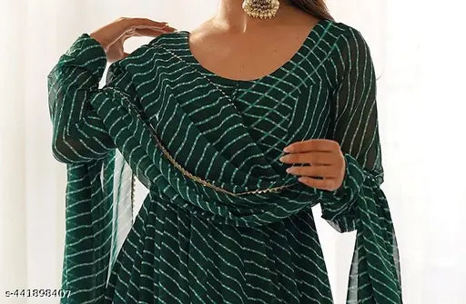 Georgette printed Anarkali gown with dupatta, traditional Indian fashion for women S-50" to XXL-53