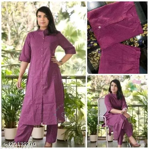 Striped cotton kurta coord set for women with three-quarter sleeves, Indian-origin handcrafted clothing on display