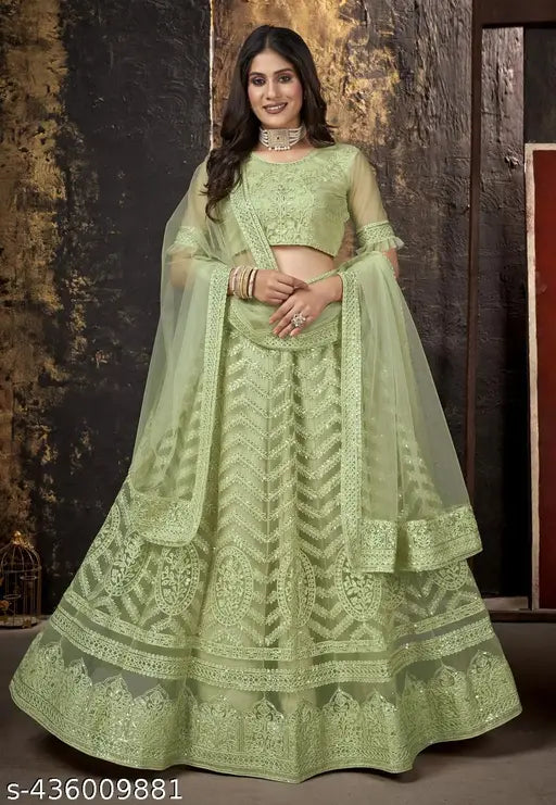 Banarasi embroidered lehenga choli set, free size up to 2XL with unstitched blouse and dupatta, net fabric
