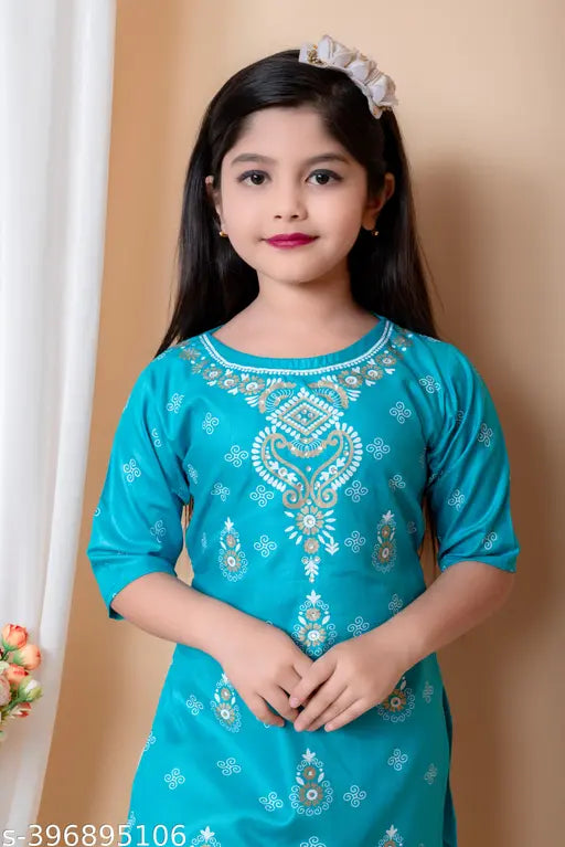 Rayon kurta set with skirt & dupatta for girls, printed ethic wear in 3-4, 4-5, 5-6 yrs sizes, handcrafted in India