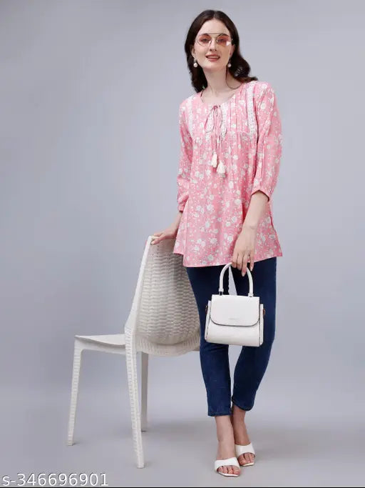 Pink floral cotton viscose tunic top, V-neck with lace detail, three-quarter sleeves, perfect casual wear