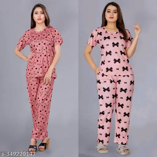 Polycotton Women's Night Suit Combo - Stylish, comfortable, and fancy nightwear for women, perfect sleepwear in 4 sizes (S-XXL) with printed net design. Made in India