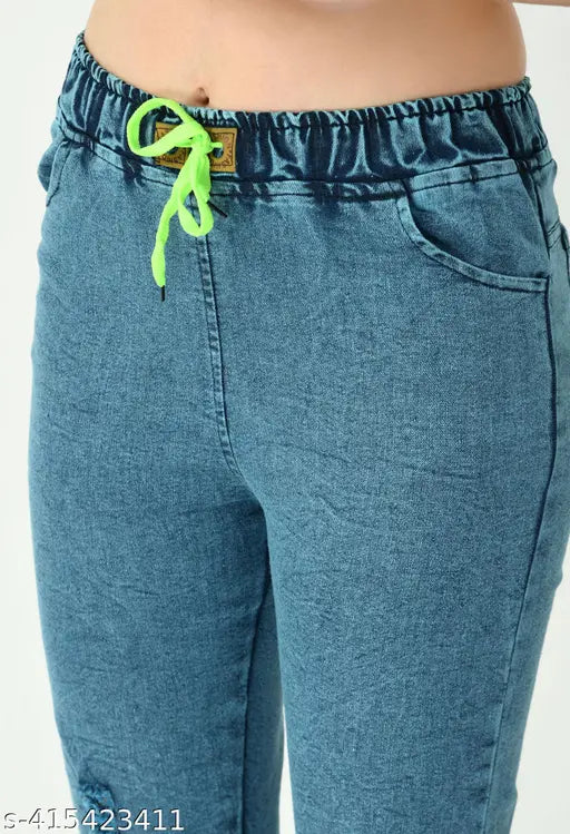 Light blue stretchable premium denim low distressed jogger jeans for girls, waistband detail