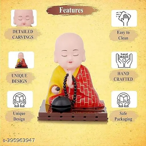 Multicolor solar-powered moving Gautam Buddha statue, brings peace to living room or car dashboard (11cm height, plastic)