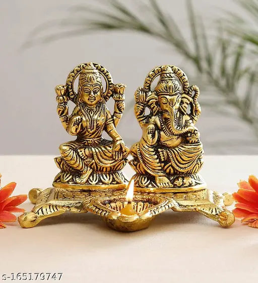 Metal Lakshmi Ganesh statue with golden coin, Indian Ganesha Diya puja deepak and idol combo