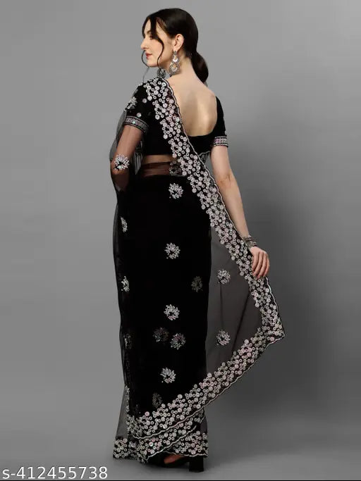 Black embroidered multi sequence flower net saree with separate blouse piece, free size (saree length: 5.5m, blouse length: 0.8m), Indian origin