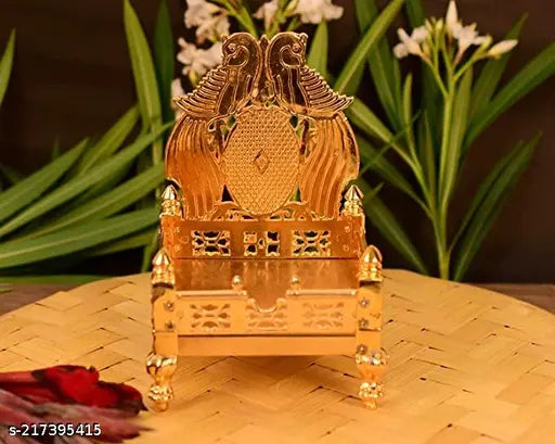 Golden metal Singhasan for Laddu Gopal Krishna decorative showpiece, handmade from India, measures 11 cm x 11 cm x 14 cm