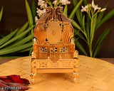 Golden metal Singhasan for Laddu Gopal Krishna decorative showpiece, handmade from India, measures 11 cm x 11 cm x 14 cm
