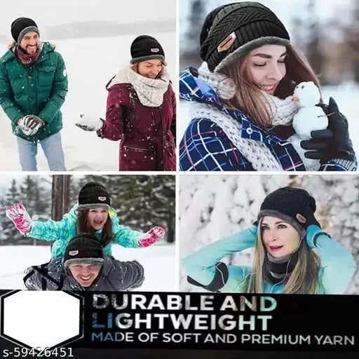 Black wool beanie cap, neck warmer, gloves in snowy setting with smiling woman