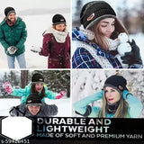 Black wool beanie cap, neck warmer, gloves in snowy setting with smiling woman