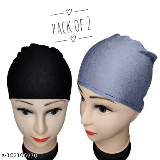 Two hijab caps, black and gray with earflaps, displayed against a neutral background