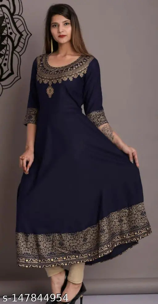 Navy blue embroidered rayon anarkali kameez with flared sleeves
