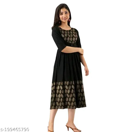 Black gold print rayon long kurti with three-quarter sleeves, Indian traditional clothing in single sizes M, XXXL