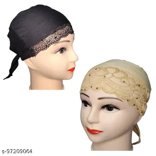 2-pack of black hijab caps with lace head wraps