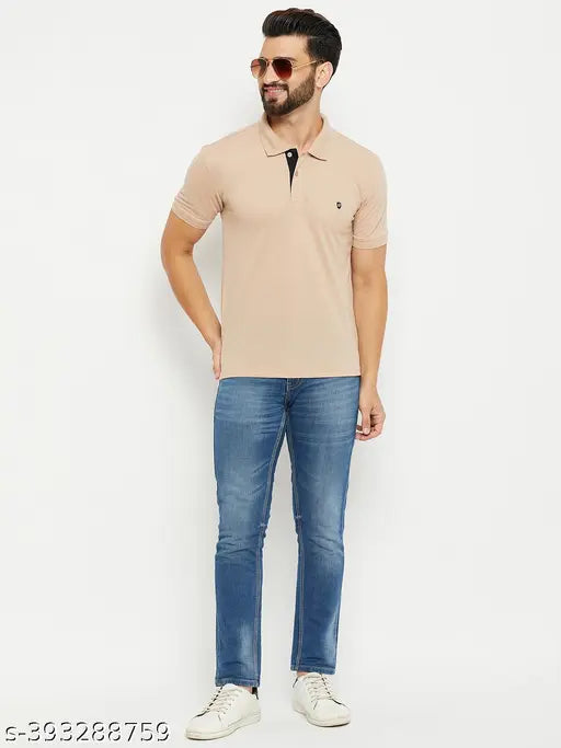Beige cotton blend polo t-shirt for men, featuring chest embroidered logo, solid design
