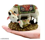 Hand-crafted Kamdhenu marble cow and calf figurines, high shine finish, intricate diamond work, home decor showpiece