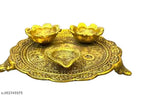 Multicolor metal pooja thali set with essential articles, includes Haldi Kumkum box, incense holder, Aarati Diya, Vait. Perfect for festivals, weddings, and gifting. Indian-made, vintage golden finish