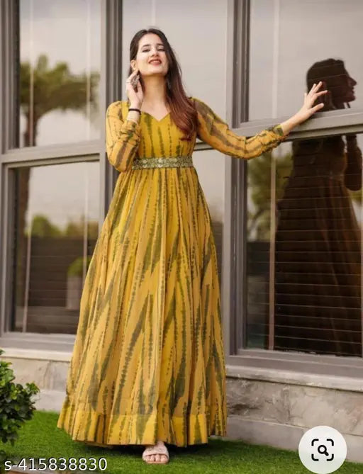 Georgette print V-neck maxi dress with belt and long sleeves, suitable for western wear and parties