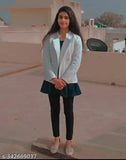 Side chain zipper, white coat with a ruffle collar and black pants