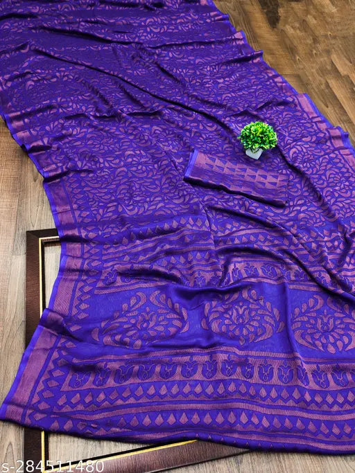 Chiffon Brasso printed saree, Indian hand-woven zari saree with running blouse, free size