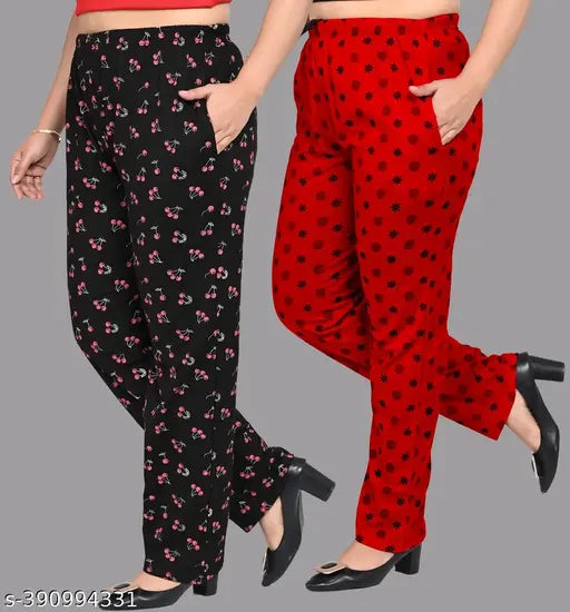Red polka dot pyjama pants with black ankle straps, women's fashionable nightwear