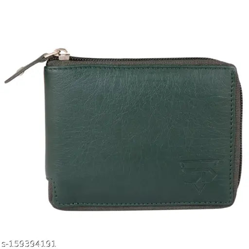 Green PU men's zip wallet, 2 compartments, durable cloth lining, solid design, Made in India