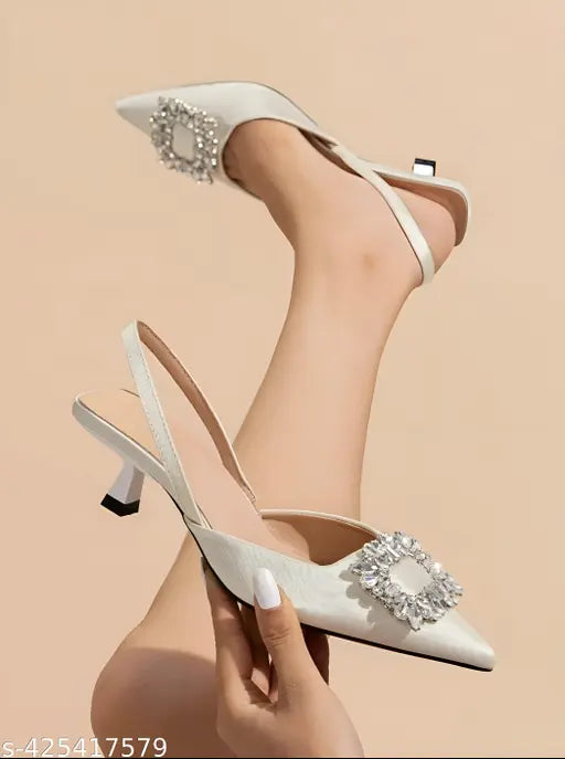 White patent leather satin high heel Mary Jane with diamond decoration, perfect for spring/summer parties and weddings