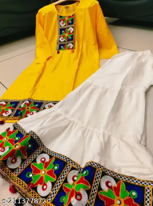 Yellow and white rayon embroidery kameez set