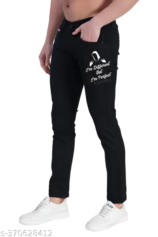 Black cotton blend printed denim jeans, stylish and versatile for casual wear