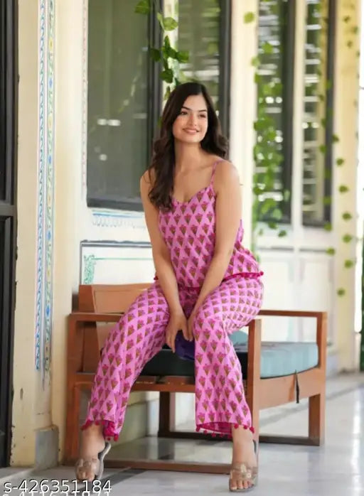 Printed rayon pyjamas with sleeveless spaghetti top and palazzo bottom, lightweight for comfortable sleepwear, size XS to 4XL, Indian origin