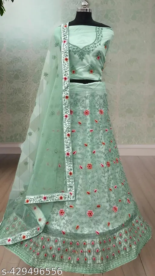 Sea Green Net Lehenga Choli Set with Embroidered Dupatta and Blouse, Free Size, ideal for normal occasions or casual wear, Indian origin