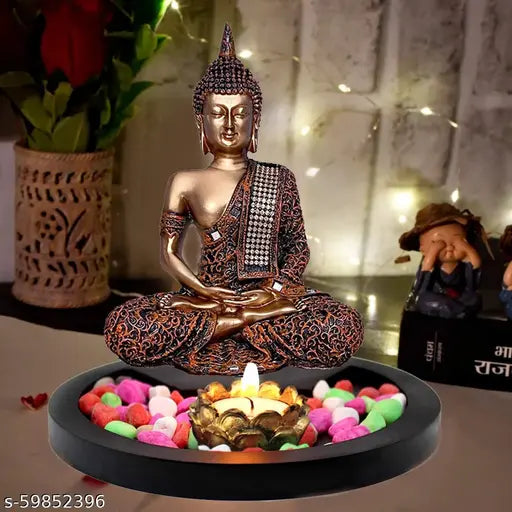 Orange & gold poly resin Buddha figurine, tealight holder with tray set for home decor