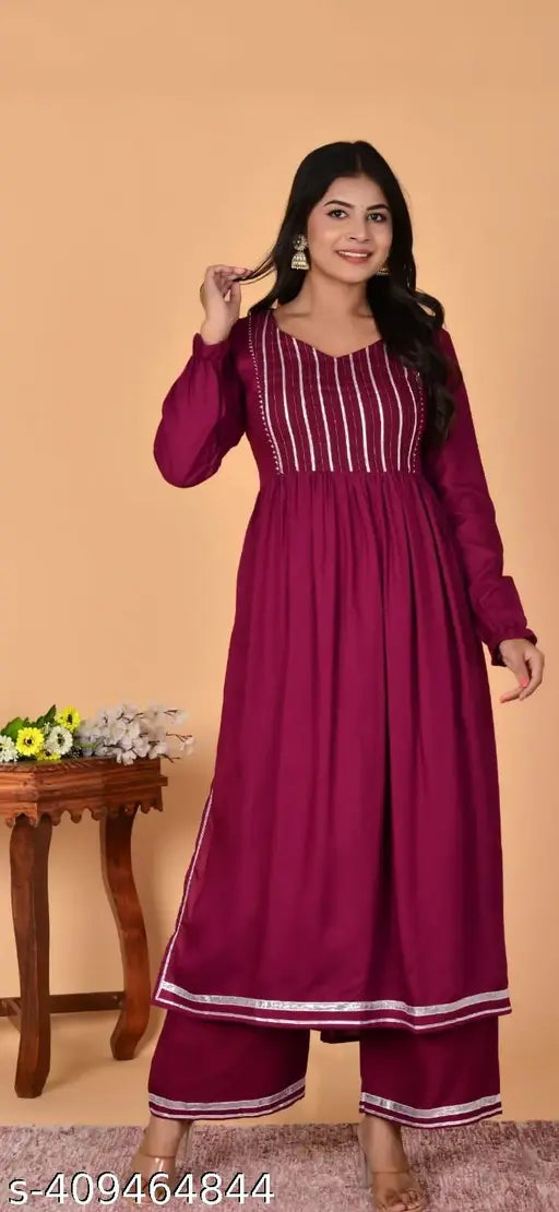 Rayon nayra cut kurta with palazzo set, solid color, women's casual wear, India-made fashion