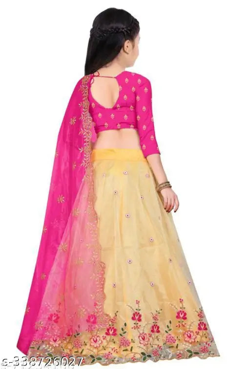 Embroidered dupion silk kids net lehenga choli, semi-stitched in pastel hues. Traditional festival wear for special occasions