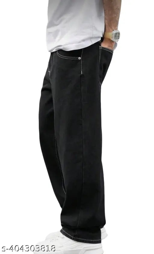Denim baggy pants, black with white lining, high-quality loose fit, size 28/waist 28in/length 39in/hip 34in (India origin)