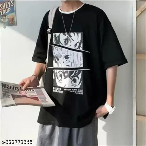 Oversized printed cotton t-shirt for men, black with anime graphics, round neck, down-shoulder design, made in India